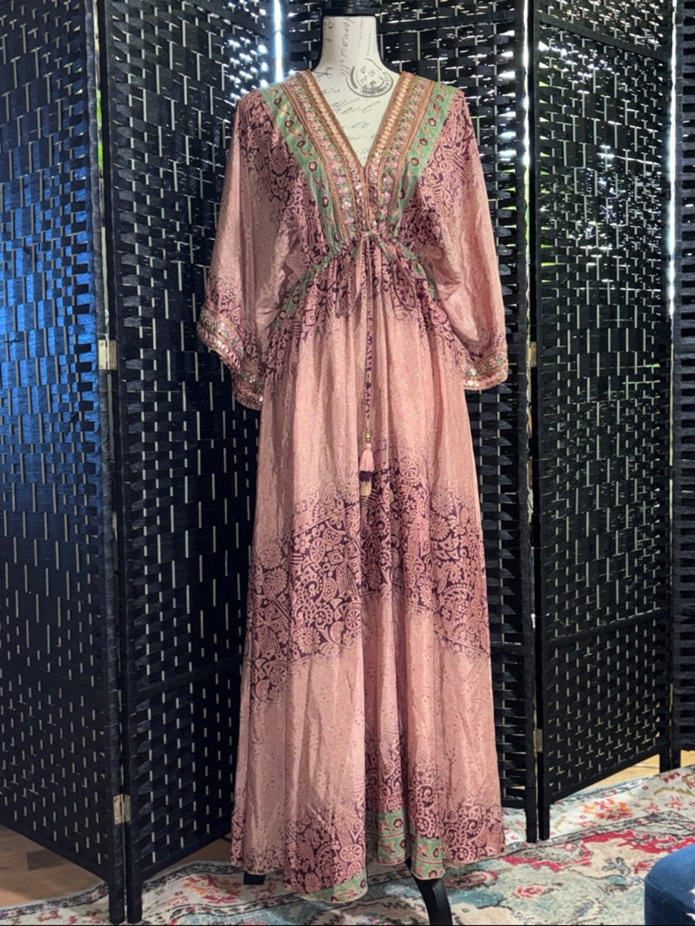 Blush Pink Boho Embroidered Maxi Dress Sumitra XL Ladies Silk